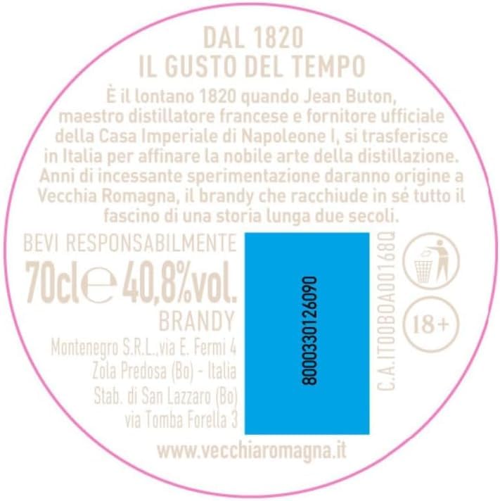 Vecchia Romagna Riserva Tre Botti 70cl – Blend di distillati invecchiati in tre botti differenti, gusto ricco e intenso. 40,8% vol.