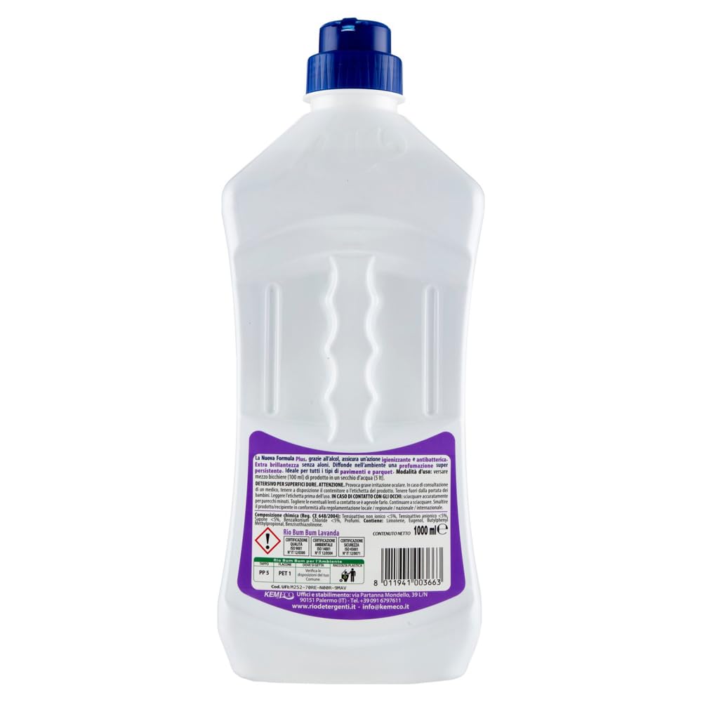 6x RIO Bum Bum Pavimenti, detergente per pavimenti con alcool, profumo di Lavanda, 1000ml + 1x Gingerino Recoaro Aperitivo Italiano 10cl IN OMAGGIO