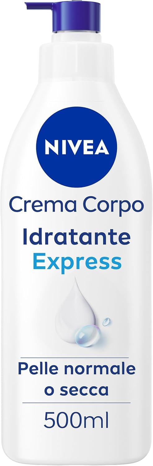 NIVEA Crema Corpo Idratante Express 500 ml, Crema idratante corpo 72h arricchita con Acido Ialuronico Puro, Minerali Marini e Siero Nutrimento Intenso, Crema corpo idratante pelle secca o normale