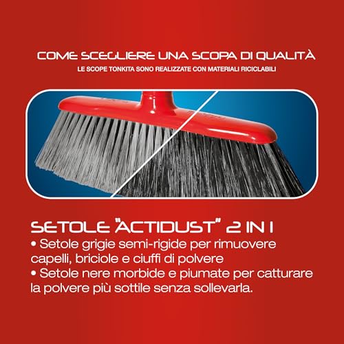 TONKITA | Dual Scopa per Interni, Setole Semi-Rigide Fitte e Inclinate, Cattura Polvere Capelli e Briciole, Made in Italy