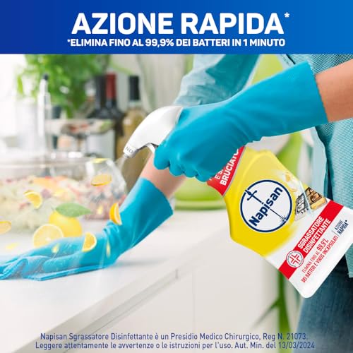Napisan Spray Sgrassatore Disinfettante al Limone, Confezione da 12 pz da 740 ml di Sgrassatore Disinfettante, Spray da 740 ml