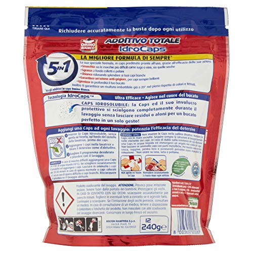 Omino Bianco - Additivo Lavatrice Totale 5 Azioni in 1 Idrocaps, Capsule Idrosolubili per Bucato, Azione Smacchiante e Igienizzante, 12 Caps