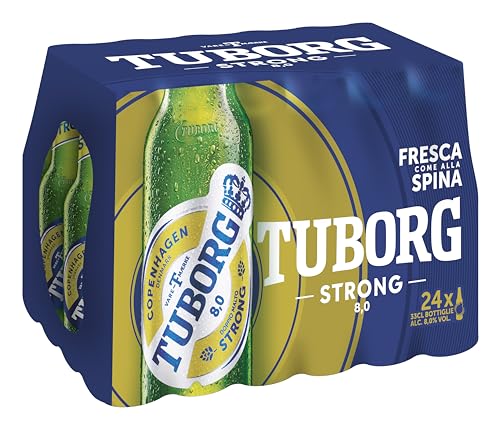 Tuborg, Cassa con 24 Bottiglie da 33cl, Birra Strong Lager, Gusto Deciso e Maltato, Gradazione Alcolica 8.0% Vol