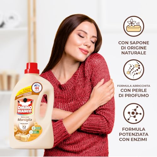Omino Bianco - Detersivo Lavatrice Liquido, 44 Lavaggi, Rispetta Colori e Tessuti, Fresco Profumo con Essenza Cuore di Marsiglia, 1760 ml