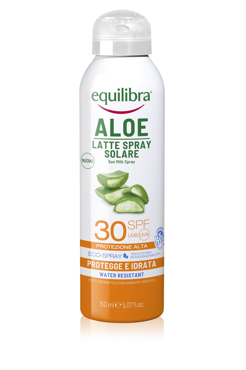 equilibra Solari, Aloe Latte Spray Solare Spf 30, Latte Solare con Aloe Vera, Olio di Cocco, Olio di Argan e Vitamina E, Protegge dalle Scottature, per un'Abbronzatura Sana, Water Resistant, 150 ml