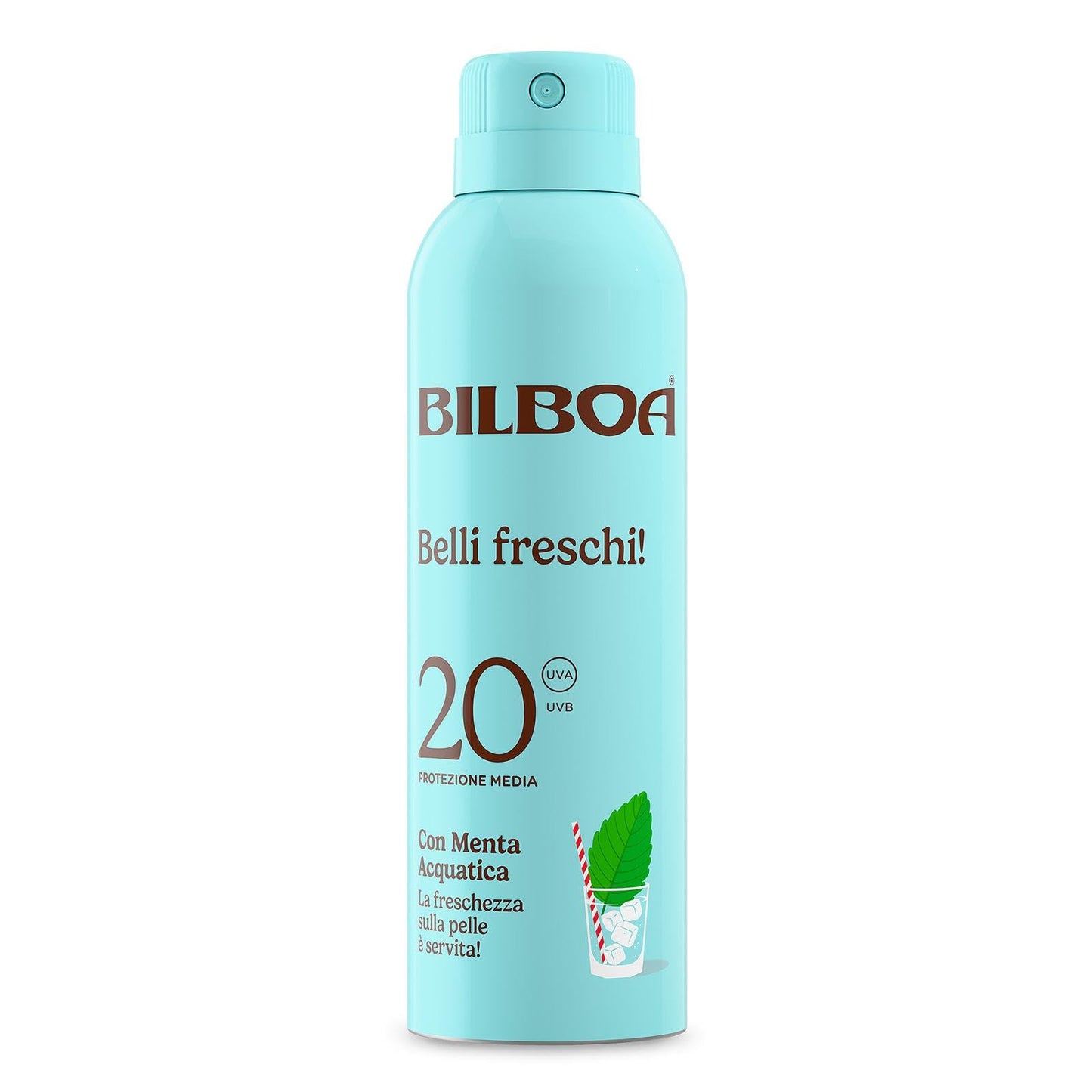 Bilboa Belli Freschi c SPF 20,con Menta Acquatica, La Freschezza sulla Pelle è Servita, Resistente all'Acqua, Dermatologicamente Testata, 150 ml