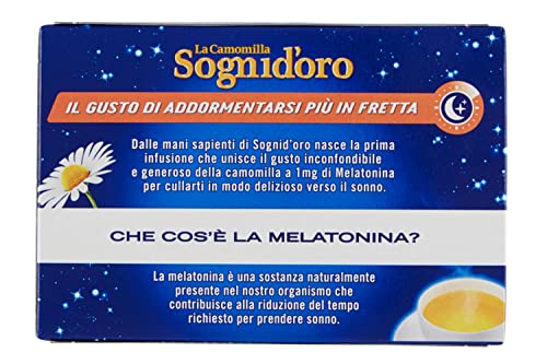 Camomilla Sogni d'oro solubile con melatonina, 16 Filtri, senza zuccheri e glutine, immediatamente solubile, facile da preparare, sonno rapido.