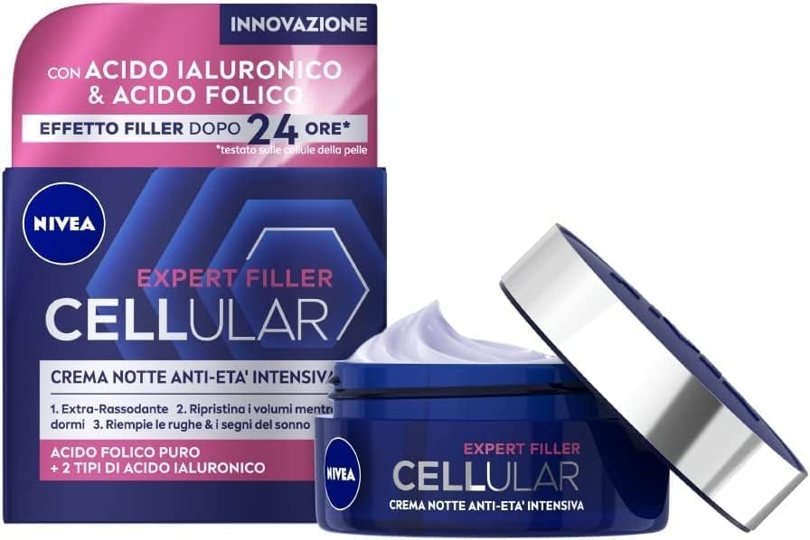 NIVEA CELLULAR EXPERT FILLER Crema Notte Anti-Età Intensiva SPF 15 50ml, Crema viso antirughe rassodante, Crema viso Acido Ialuronico e Acido Folico Puro, Crema viso notte anti-age