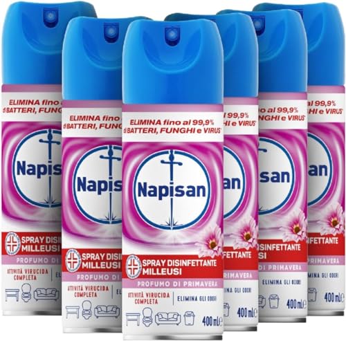 Napisan Spray Disinfettante Milleusi, Disinfettante Spray per Tessuti e Superfici, Fragranza Profumo di Primavera, 6 Spray da 400ml