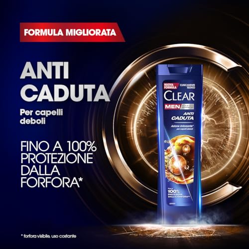 Clear Shampoo Anticaduta, Shampoo Antiforfora Uomo con Niacinamide ed Estratti di Ginseng, Shampoo Azione Rinforzante* per Capelli Fragili, Fino a 100% Protezione dalla Forfora*, Formato 225ml