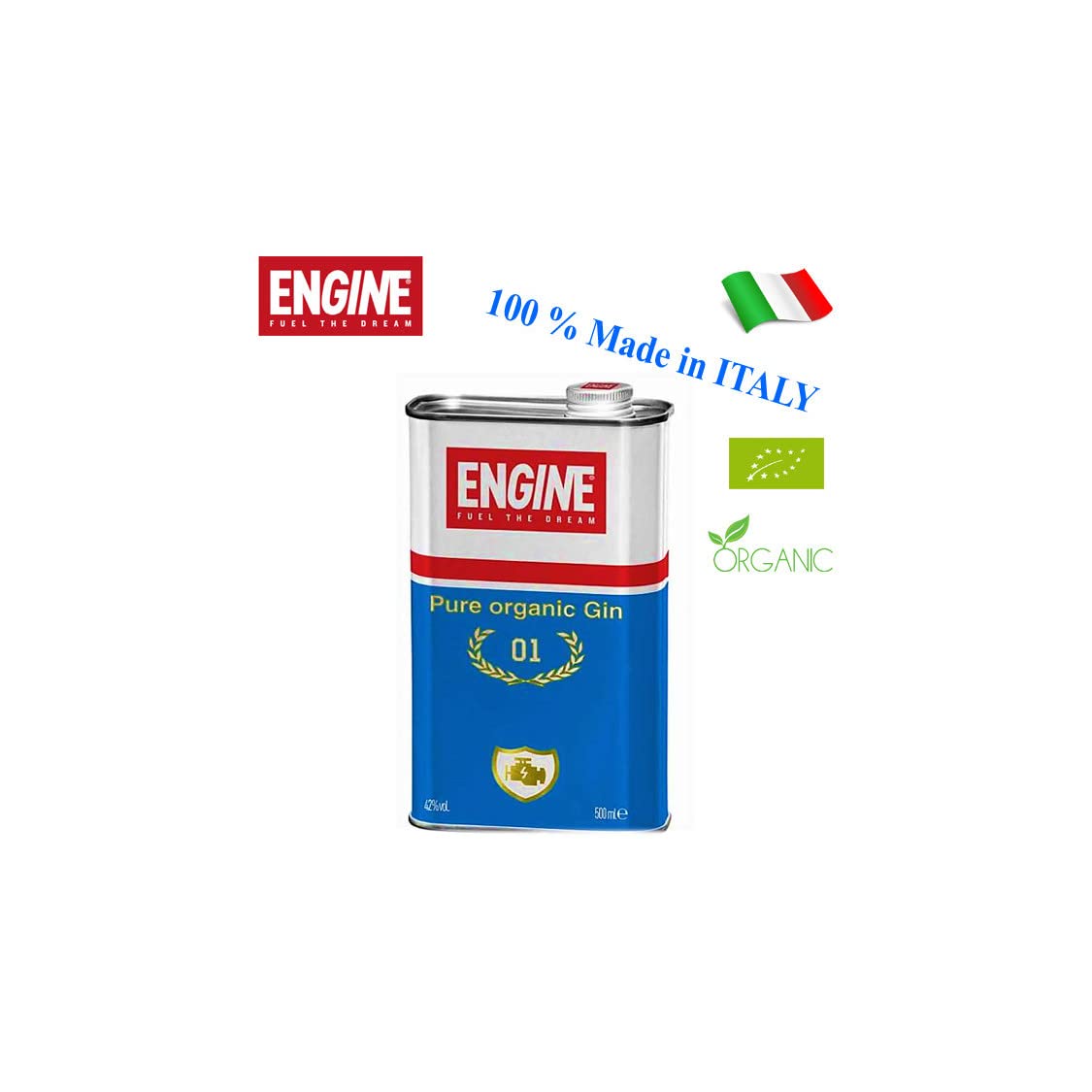 GIN ENGINE PACK, nr.1 latta Engine cl.50 + nr.6 Bicchieri in metallo + nr.1 Ice Bucket in metallo,il gin delle Langhe,"Pure Organic Gin",il gin artigianale 100% italiano e biologico,il Gin in Tanica
