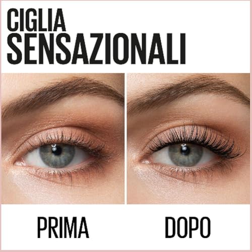 Maybelline New York Mascara Ciglia Sensazionali, Volumizzante, Effetto Ventaglio sulle Ciglia, Resistente all'Acqua, Nero