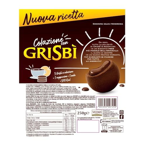 Grisbì Cioccolato - Biscotti di Croccante Pasta Frolla al Cacao, Ripieni di Morbida Crema al Cioccolato, Ideali per Colazione, Confezione da 20 Biscotti, 250 gr