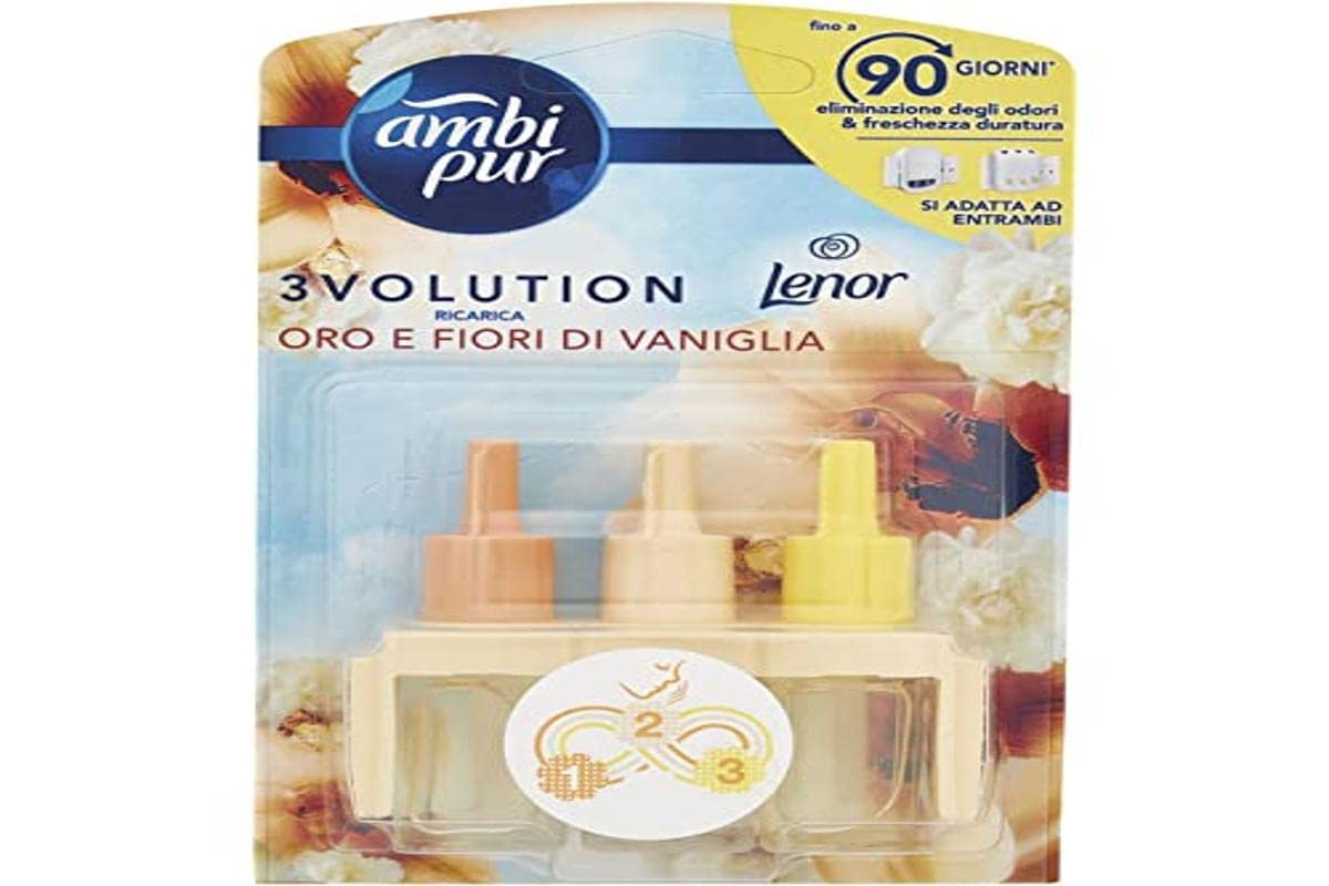 Ambi Pur 3Volution Oro e Fiori di Vaniglia Ricarica Deodorante per Ambienti con Diffusore Elettrico 20 ml, 3 Diverse Fragranze per Eliminare gli Odori