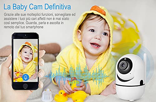 Telecamera Motorizzata Wi-Fi, Mini videocamera sicurezza interno registratore 360 gradi, 1080P, ipcamera Infrarossi, Sensore di Movimento lunga distanza, Audio a due vie, Controllo neonato tramite app