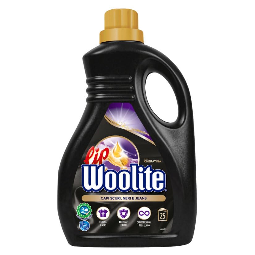 Lip Woolite Detersivo Lavatrice Capi Scuri, Neri e Jeans 25 Lavaggi, 4 confezioni da 1500 ml di Detersivo Lavatrice Liquido Capi Scuri con Cheratina