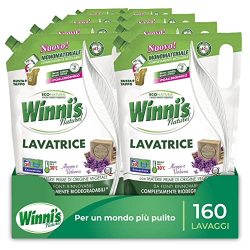 Winni's - Detersivo Lavatrice Ipoallergenico, 184 Lavaggi, Adatto alle Pelli più Sensibili, Fragranza Aleppo e Verbena, con Materie Prime di Origine Vegetale, 1250 ml x 8 Confezioni