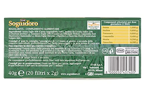 Sogni d'oro Tisana Regolarità, confezione da 20 Filtri, con senna e tarassaco, solo ingredienti naturali. Favorisce l'equilibrio della flora intestinale.