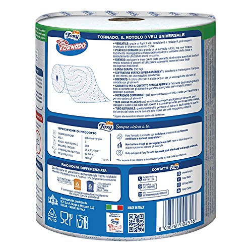 Foxy Tornado | Asciugatutto | 1 rotolo | 250 strappi | Rotolo 3 veli universale | Carta 100% certificata FSC® | Confezione 100% riciclabile