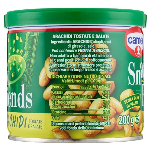 Cameo Snack Friends Arachidi 200 g, Arachidi Tostate e Salate per Aperitivo Conservate in una Pratica Lattina con Coperchio Salva Freschezza, Senza Olio di Palma, Vegano, 200 g Complessivi
