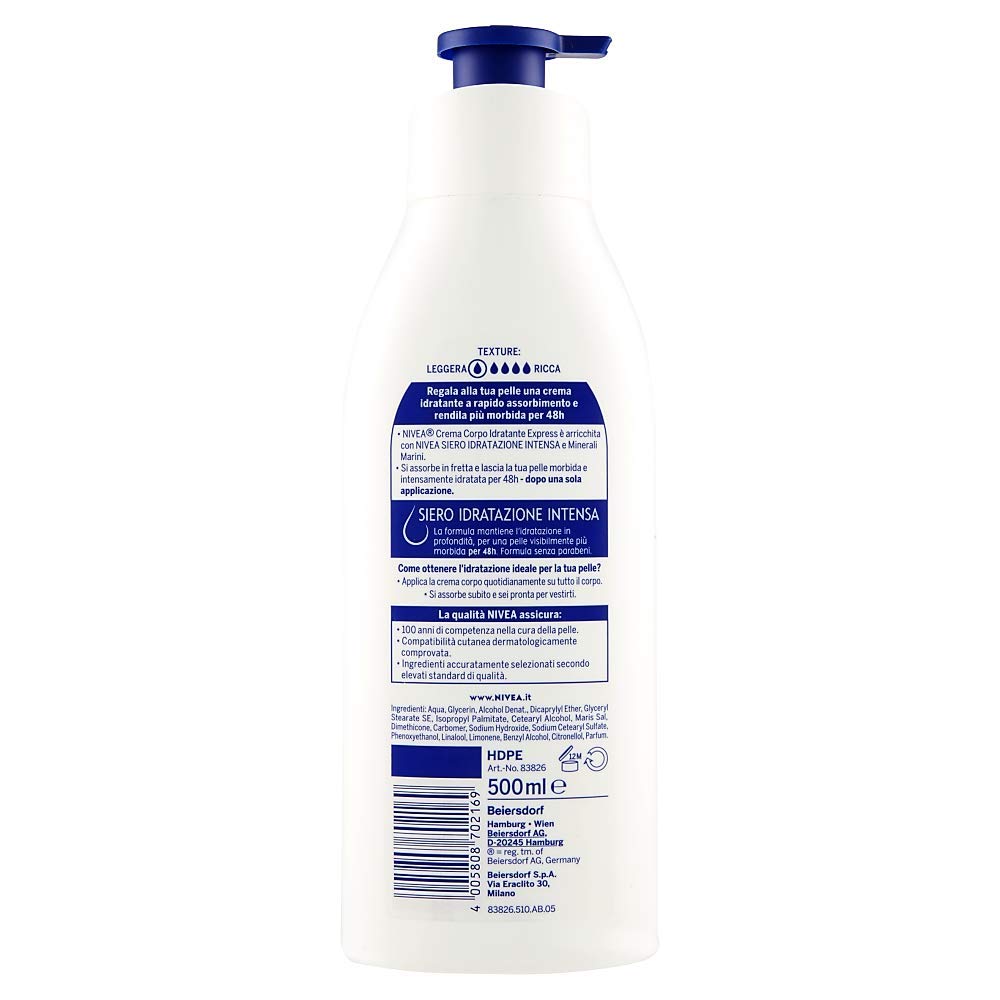 NIVEA Crema Corpo Idratante Express 48h Idratazione Profonda, Pelle Normale O Secca, 500 Ml