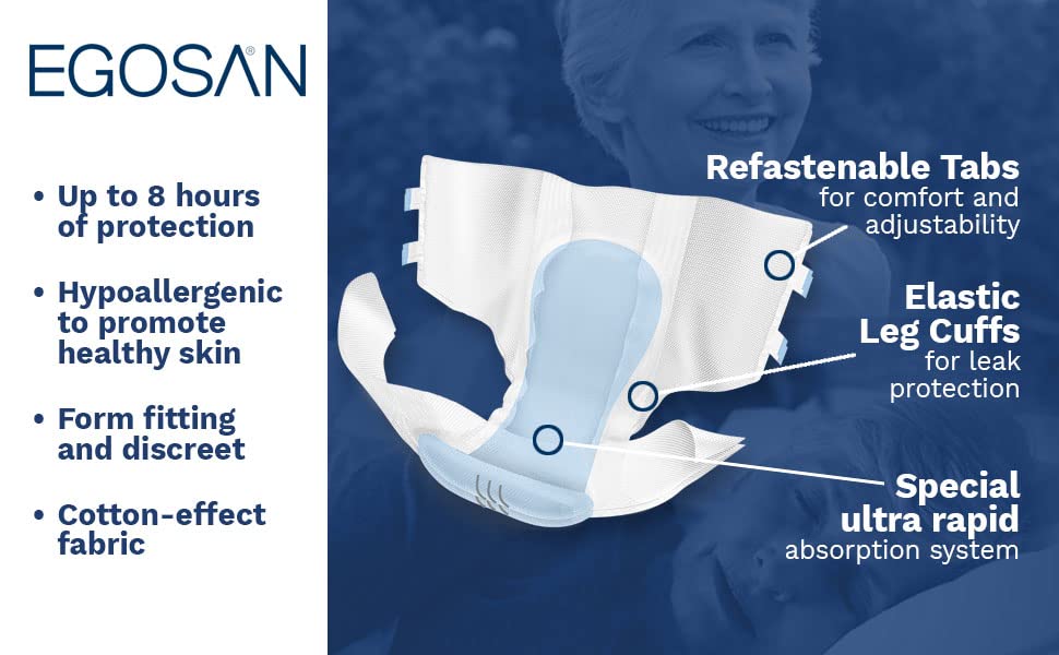 Egosan Slip per pannolini per incontinenza per adulti, protezione X-Dry per la massima assorbenza, con linguette regolabili, usa e getta, per uomini e donne