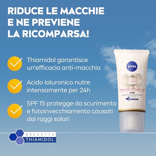 NIVEA Luminous630 Anti-Macchie Crema Mani antiage Trattamento Avanzato SPF 15 50 ml, Fomula antirughe e antimacchie con Acido Ialuronico e Thiamidol brevettato, Crema mani secche e screpolate