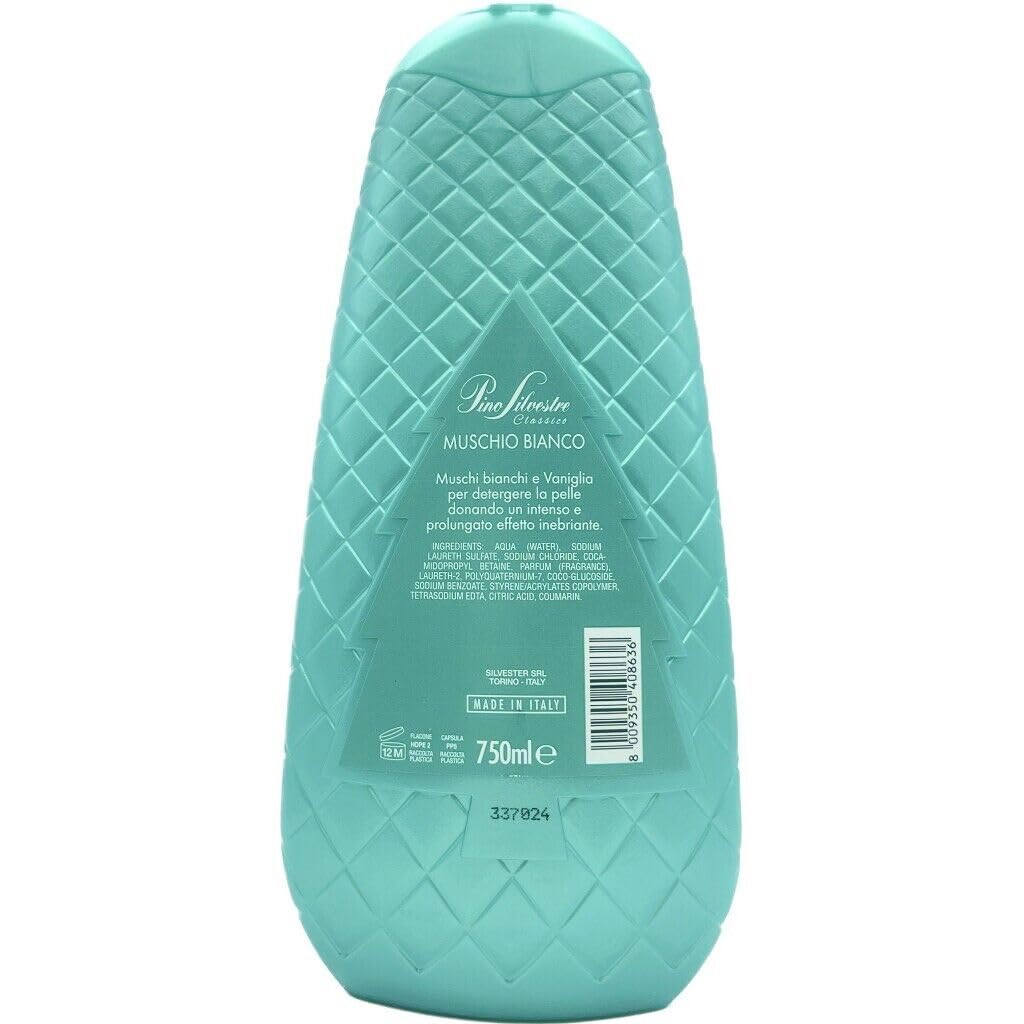 Confezione da 6 Pino Silvestre Bath Foam Bagnoschiuma Classico Muschio Bianco, gel doccia con muschio bianco, 750 ml + 1 confezione di polvere di talco FELCE AZZURRA da 100 g