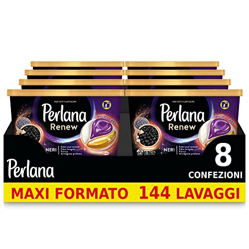 Perlana Renew Caps Neri, detersivo lavatrice capsule, formula 3in1, ottimale per tutti i capi scuri, confezione risparmio da 8 x 18 lavaggi, totale 144 lavaggi