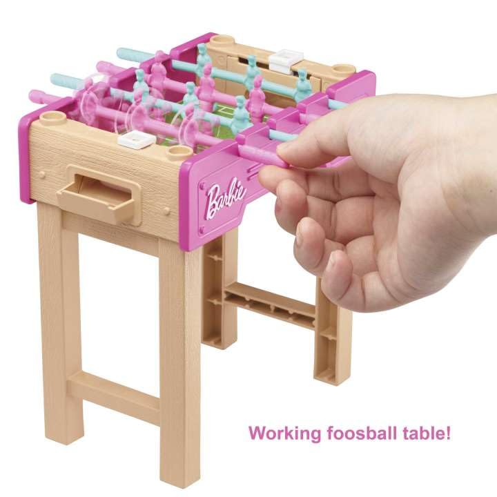Barbie Playset Serata Giochi con Mini Bambola, Cucciolo, Biliardino e Accessori, Giocattolo per Bambini 3+Anni, GRG77