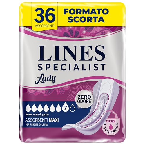 Lines Specialist Lady Maxi, Assorbenti per Incontinenza Donna, con Tecnologia Zero Odore e Barriere Laterali Protettive, Scorta Mensile, 3 Confezioni da 12 Unità