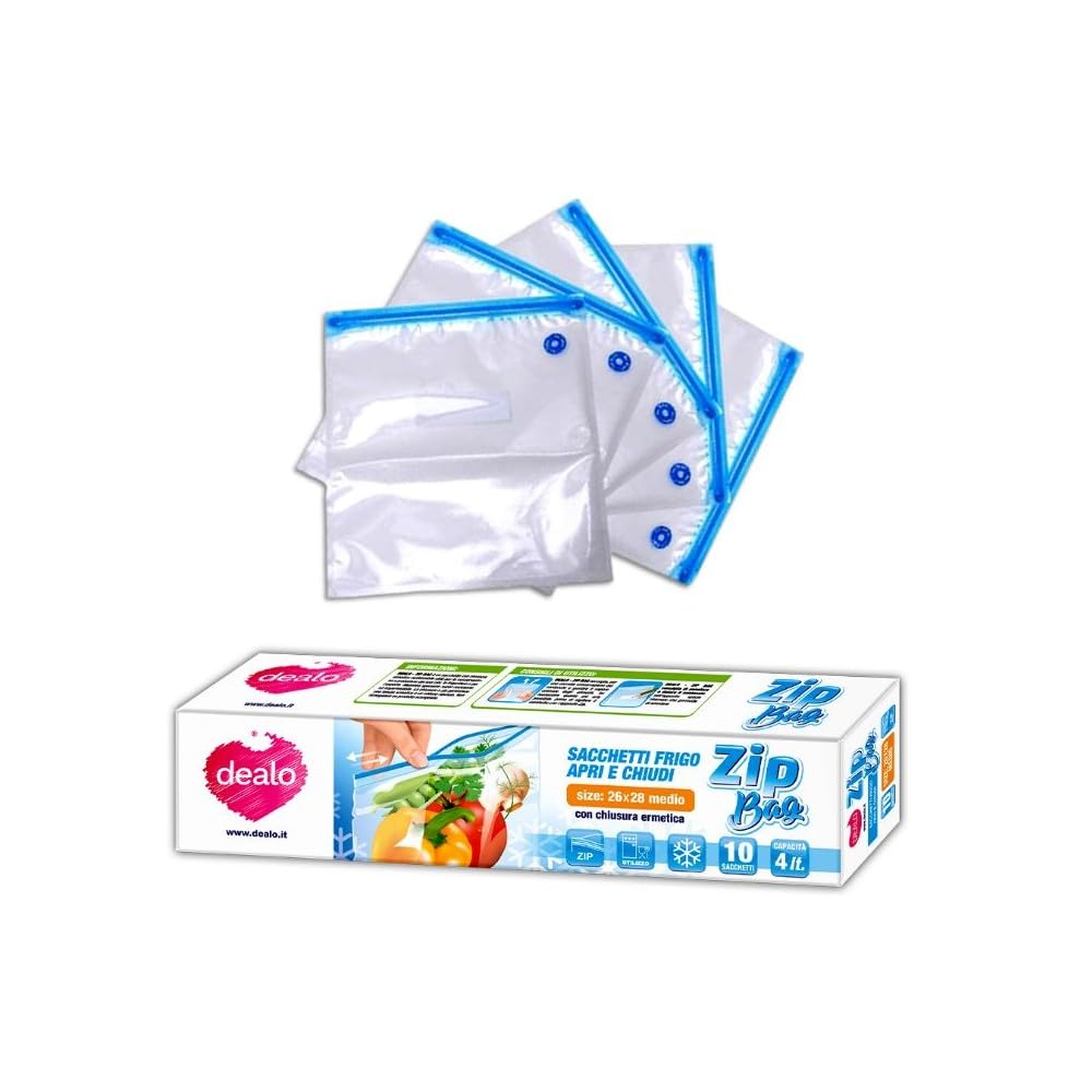 DEALO Zip Bag Sacchetti FRIGO Apri E Chiudi CM.26X28 Medio 10PZ.con Chiusura ERMETICA
