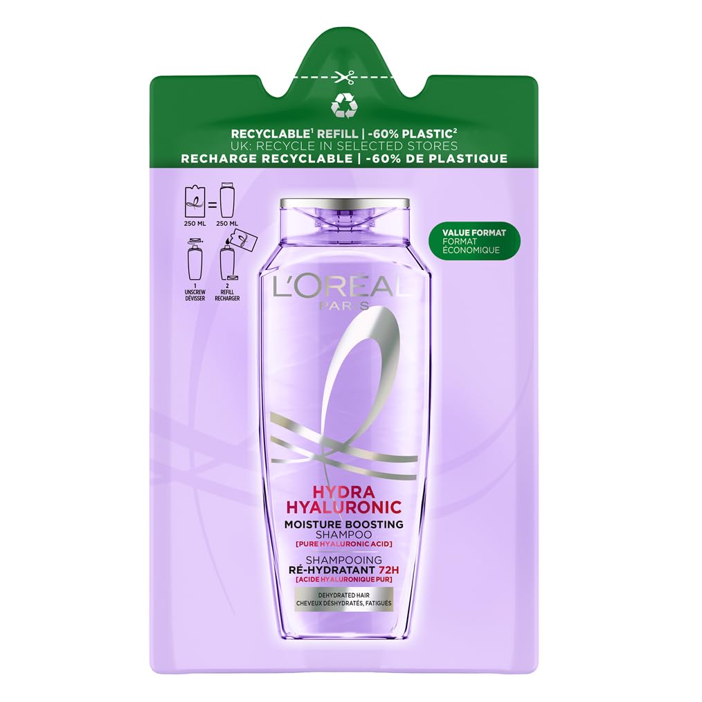 L'Oréal Elvive Shampoo Idratante, Per Capelli Secchi e Spenti, Capelli Luminosi, Voluminosi e Leggeri, 72H di Idratazione, Con Acido Ialuronico Puro, Formato Eco-Ricarica, Hydra Hyaluronic, 250 ml