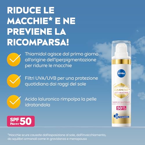NIVEA Luminous630 Anti-Macchie Fluido UV Quotidiano Crema viso SPF 50 40 ml, Crema antimacchie viso contro il fotoinvecchiamento, Crema viso Acido Ialuronico, Thiamidol brevettato e filtri UVA/UVB