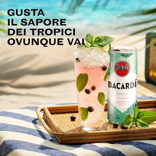 BACARDÍ Mojito, Vol. 5%, 12 x 25 cl / 250 ml, cocktail premixato pronto da bere in lattina, creato con Rum BACARDÍ Carta Blanca e miscelato con Lime e Menta