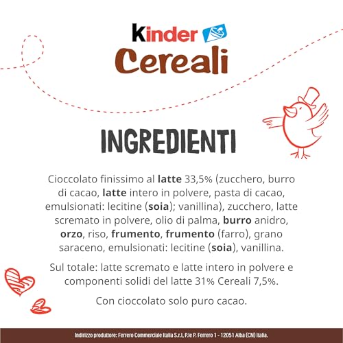 Kinder Cereali, 9 Tavolette di Cioccolato Puro Cacao, Snack Dolce Ripieno al Latte e 5 Cereali Soffiati e Tostati, 211.5 gr