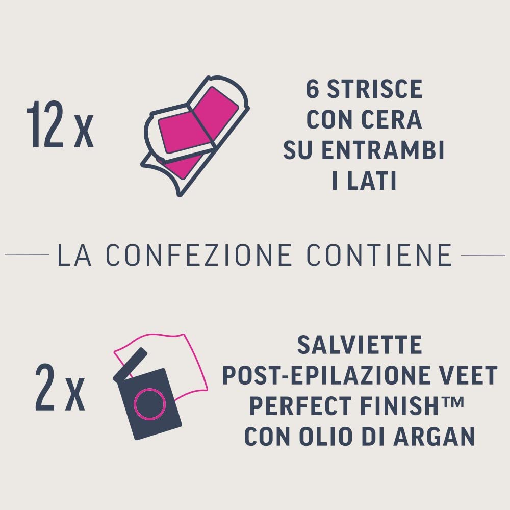 Veet Expert Strisce Depilatorie Viso, Ceretta per Pelli Normali con Burro di Karitè, Dermatologicamente Testate, 12 Strisce (6x2 Strisce) + 2 Salviette Post-Epilazione con Olio D'Argan