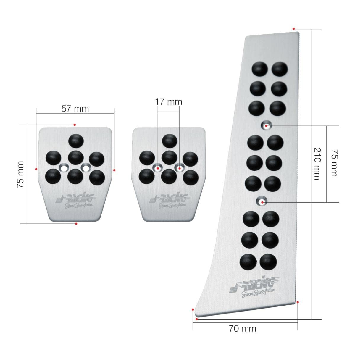 Simoni Racing 813/PW Pedali Special, Kit 3 copripedale specifico Audi, BMW, Mercedes, Porsche in alluminio satinato con gommini antiscivolo neri, per acceleratore, frizione e freno
