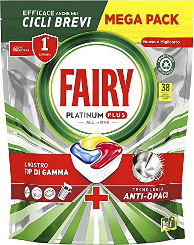 Fairy Platinum Detersivo Pastiglie Lavastoviglie Plus, Brillantante, 38 Capsule Lavastoviglie, Limone, Tecnologia Pulizia Profonda Con Azione Brillantante, Contro Il Grasso/Incrostazioni Ostinate