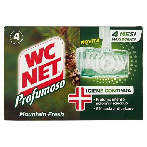 Wc Net - Tavoletta Profumoso Igiene Continua, Detergente Igienizzante Solido per WC, Azione Anticalcare e Profumo Intenso, Fragranza Mountain Fresh, 4 Pezzi