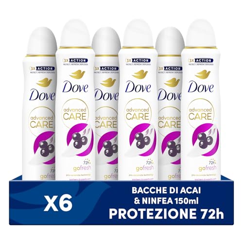 Dove Deodorante Spray Advanced Care Go Fresh Açaí, con Formula Idratante e Delicata sulla Pelle, Senza Alcol, Pelle Asciutta Fino a 72 Ore, Deodorante Uomo e Donna, 6 Pezzi da 150ml