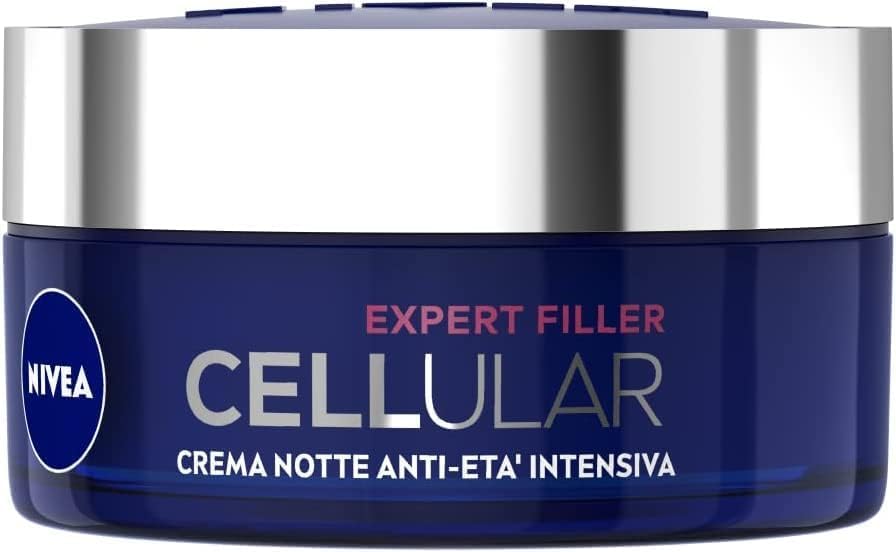 NIVEA CELLULAR EXPERT FILLER Crema Notte Anti-Età Intensiva SPF 15 50ml, Crema viso antirughe rassodante, Crema viso Acido Ialuronico e Acido Folico Puro, Crema viso notte anti-age