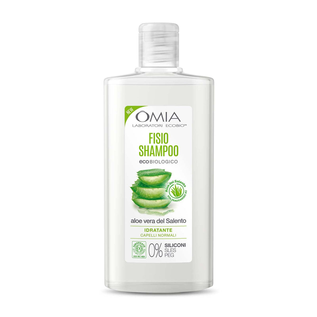 Omia, Fisio Shampoo Eco Bio con Aloe Vera del Salento, Per Capelli Normali, Idratante ed Equilibrante, Adatto ad un Uso Frequente, Senza Siliconi, Dermatologicamente Testato - Flacone da 200 ml