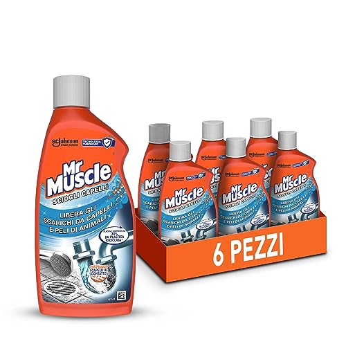 Mr Muscle Sciogli Capelli, Stura Lavandini e Scarichi, Disgorgante, Forte per Capelli e Peli di Animali, Sicuro per i Tubi - Formato scorta da 6 pezzi da 500ml
