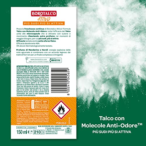 Borotalco, Deodorante Spray Attivo, Formula Senza Alcool e con Talco con Molecole Anti-Odore, Efficacia Fresca, 48h di Efficacia - 1 Flacone da 150 ml