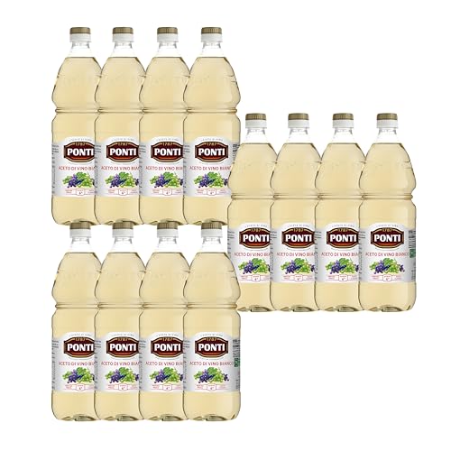 Ponti, Aceto di Vino Classico Bianco, Realizzato con Vini Selezionati, Ideale per Accompagnare Verdure Crude e Cotte, Acidità 6%, 100% Made in Italy, 12 Bottiglie in PET da 1L