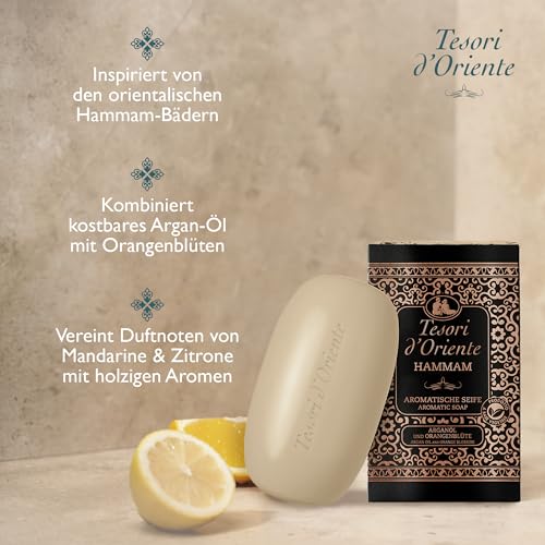 Tesori d'Oriente Sapone solido "Hammam", 125 g, sapone aromatico per le mani con olio di argan e fiori d'arancio, sapone per il corpo per la pulizia delicata della pelle, rituale per corpo e sensi