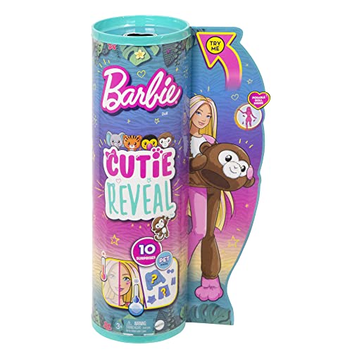 Barbie Dolls and Accessories, Cutie Reveal Doll with Elephant Plush Costume & 10 Surprises Including Color Change, Jungle Series