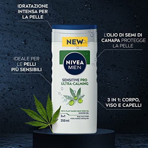 NIVEA MEN Sensitive Pro Doccia Shampoo, Doccia schiuma uomo delicato per corpo, viso e capelli, Shampoo uomo per pelli sensibili con Olio di Semi di Canapa, 1 x 250 ml