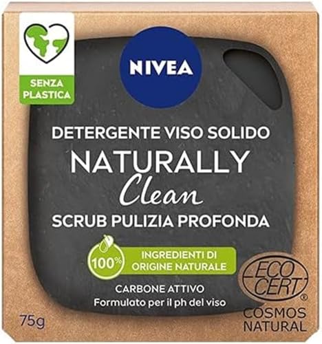 NIVEA NATURALLY CLEAN Scrub Viso Solido Pulizia Profonda 75 g, Peeling viso 100% naturale con Carbone Attivo e Acido Citrico, Scrub detergente viso con formula vegana